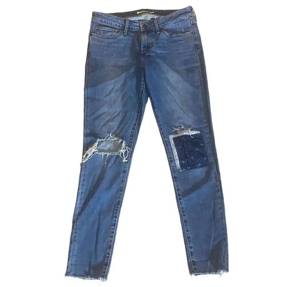 Levi's Womens Blue 711 Ripped Bandana Patch Knee Skinny Denim Jeans Size 28